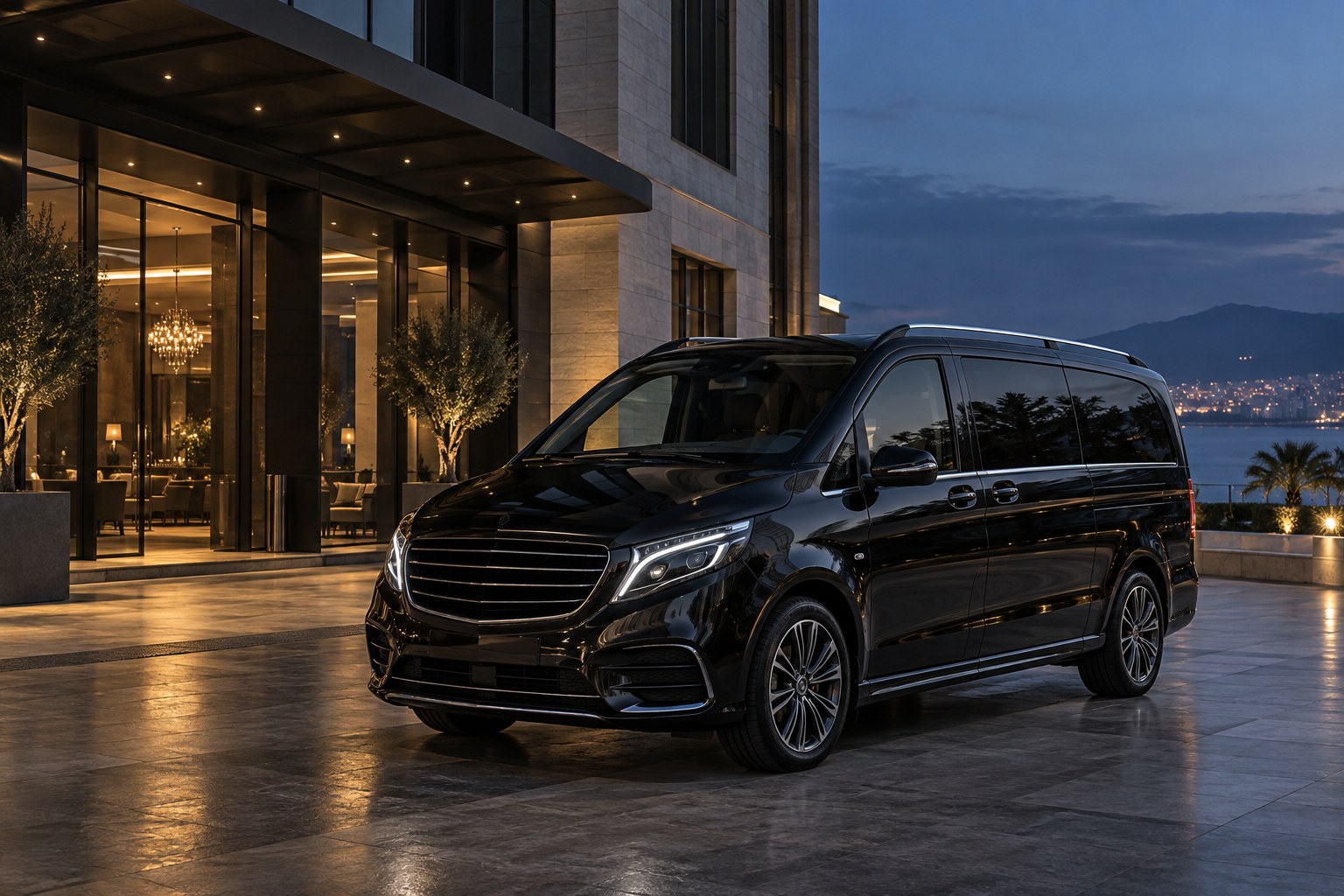 Modern bir iş merkezi önünde siyah şoförlü VIP araç